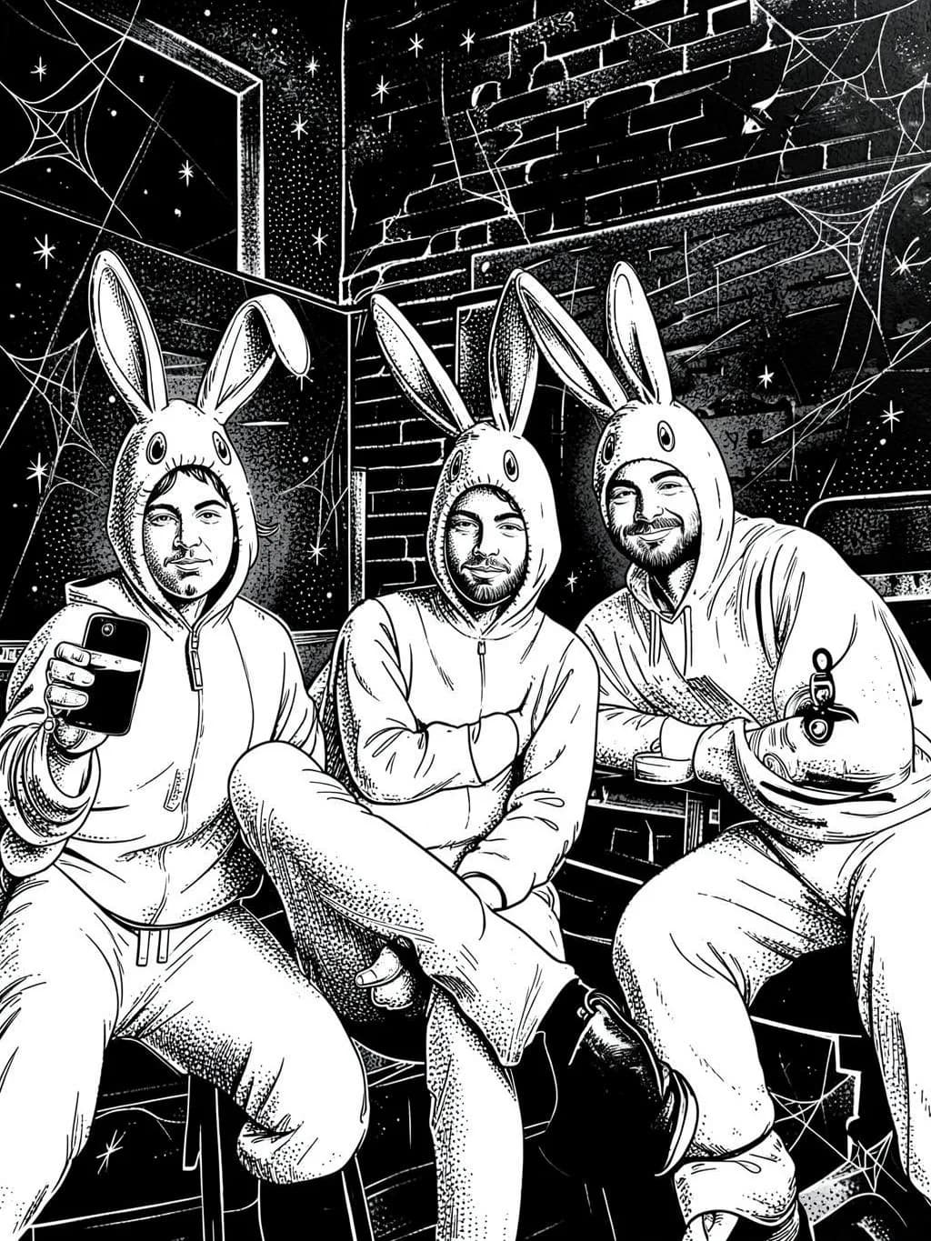 Three friends transformed into a black-and-white bunny suit illustration