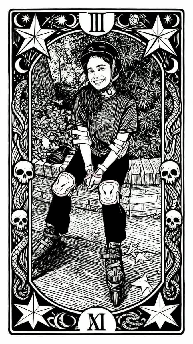 A portrait reimagined as an illustrated tarot card